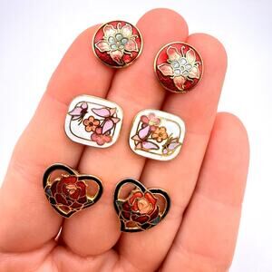Lot of 3 Cloisonee Stud Earrings Floral Round Heart Square Red White Pink Gold